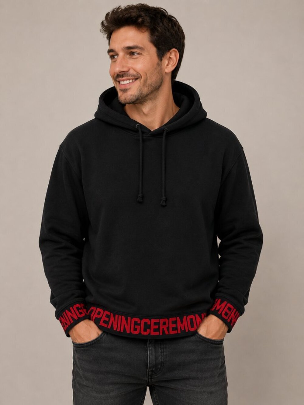 Opening Ceremony Black and Red Elastic Logo Trim Hoodie Size Large Unisex